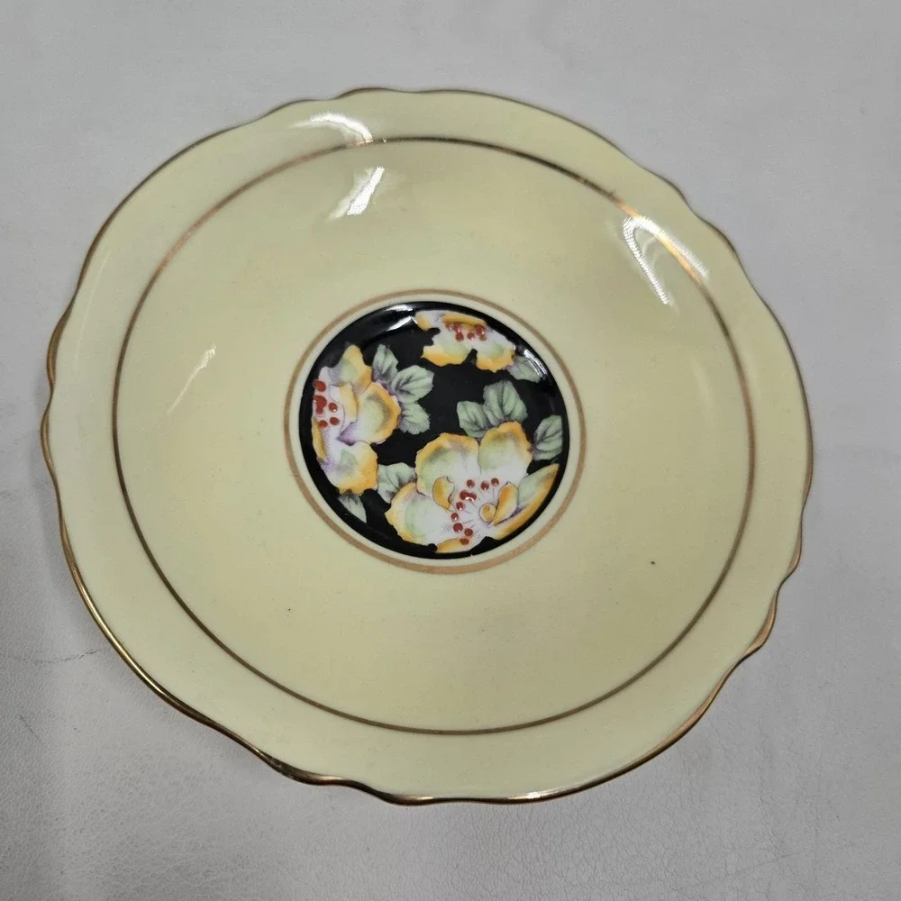 Paragon Fine Bone China Teacup & Saucer Black Yellow Hibiscus Vintage